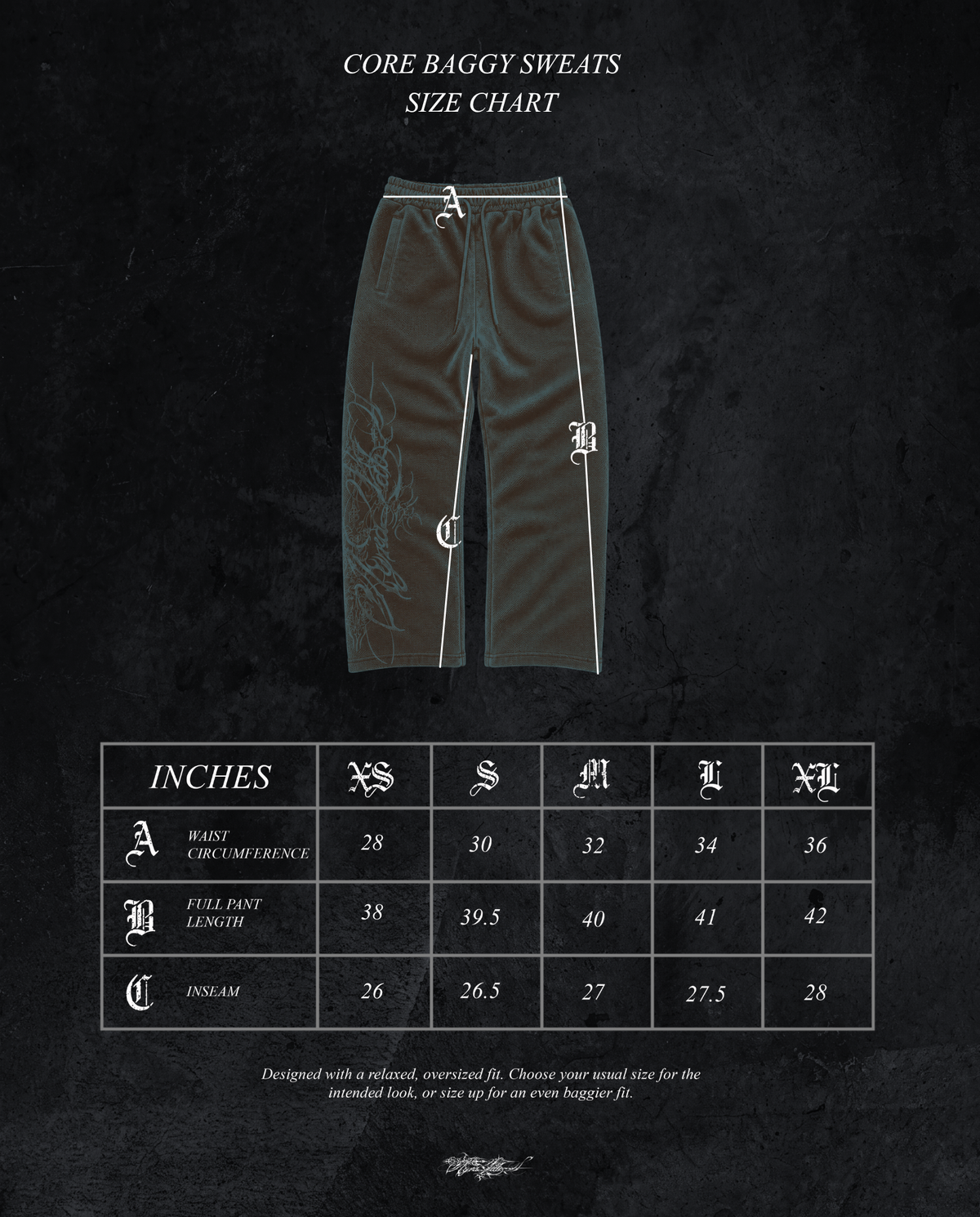 AYRA CORE baggy sweatpants garment measurements