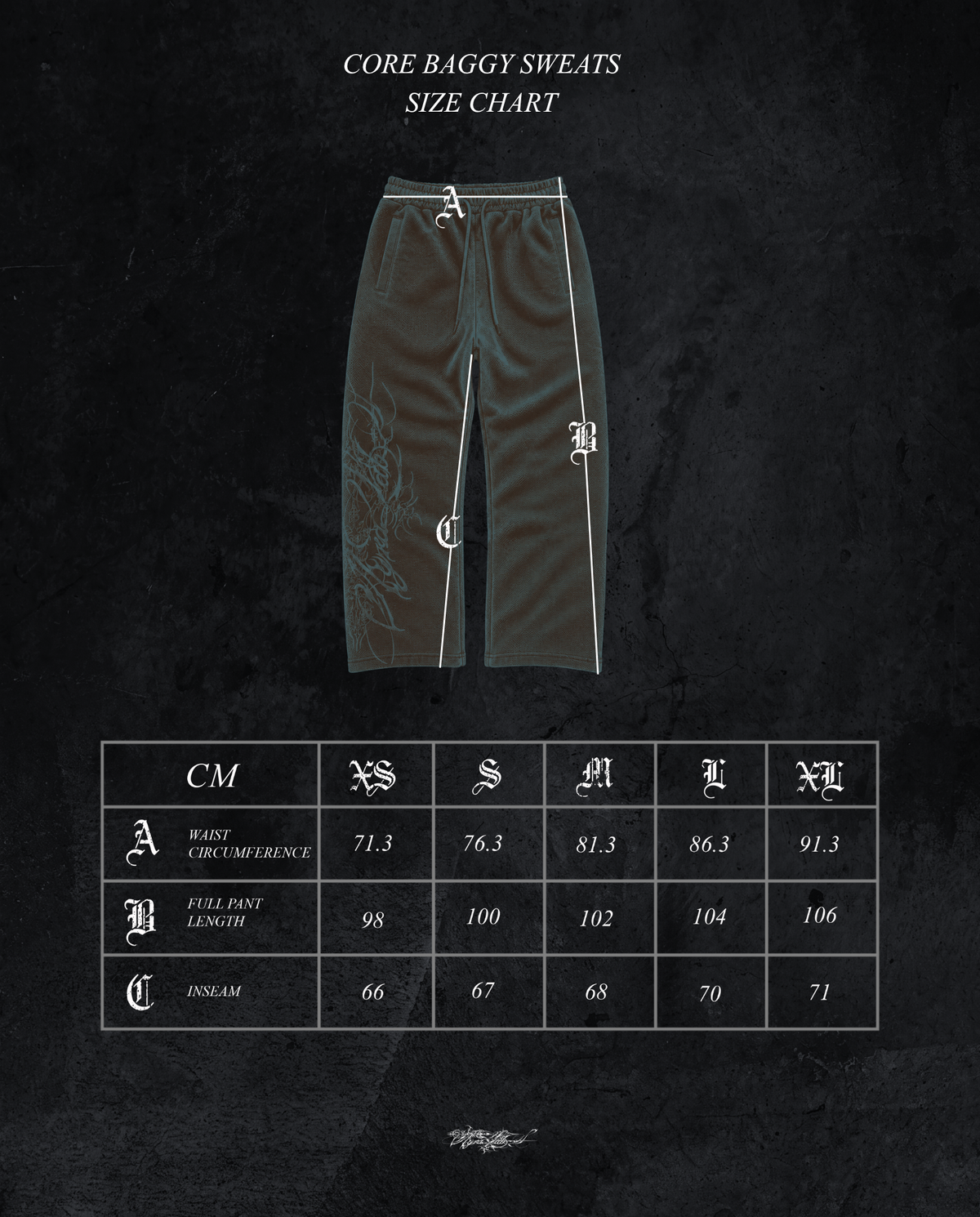 AYRA CORE baggy sweatpants size chart