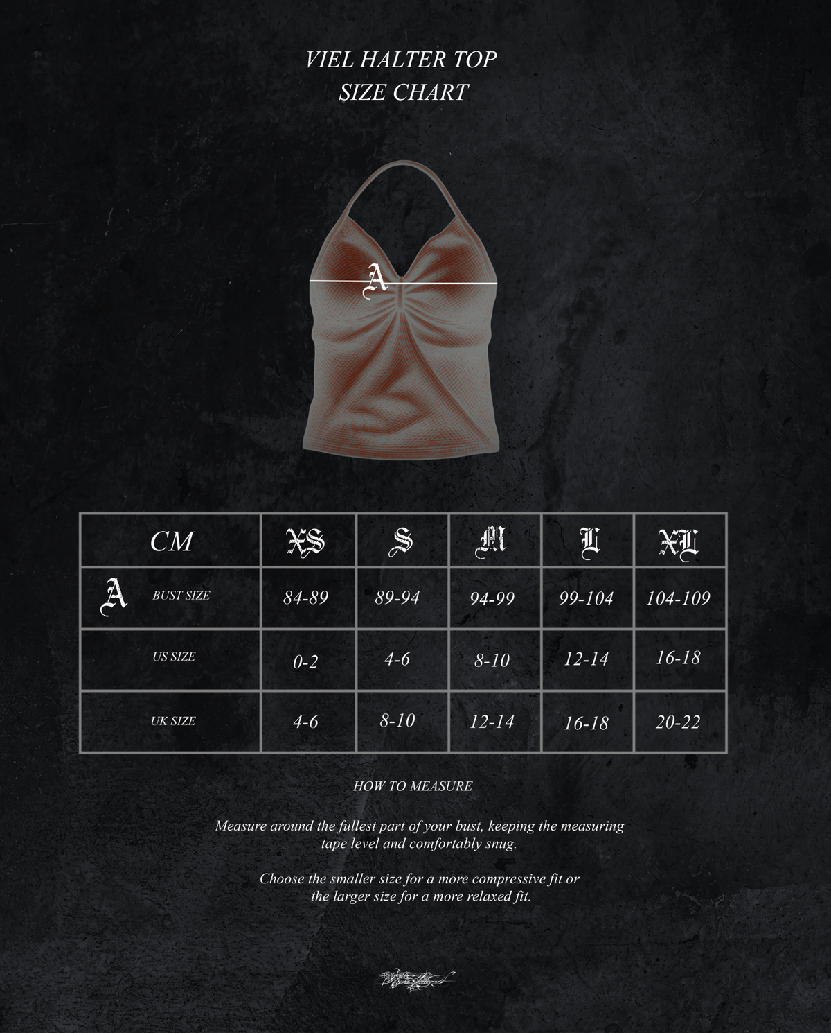 AYRA VEIL halter top size chart