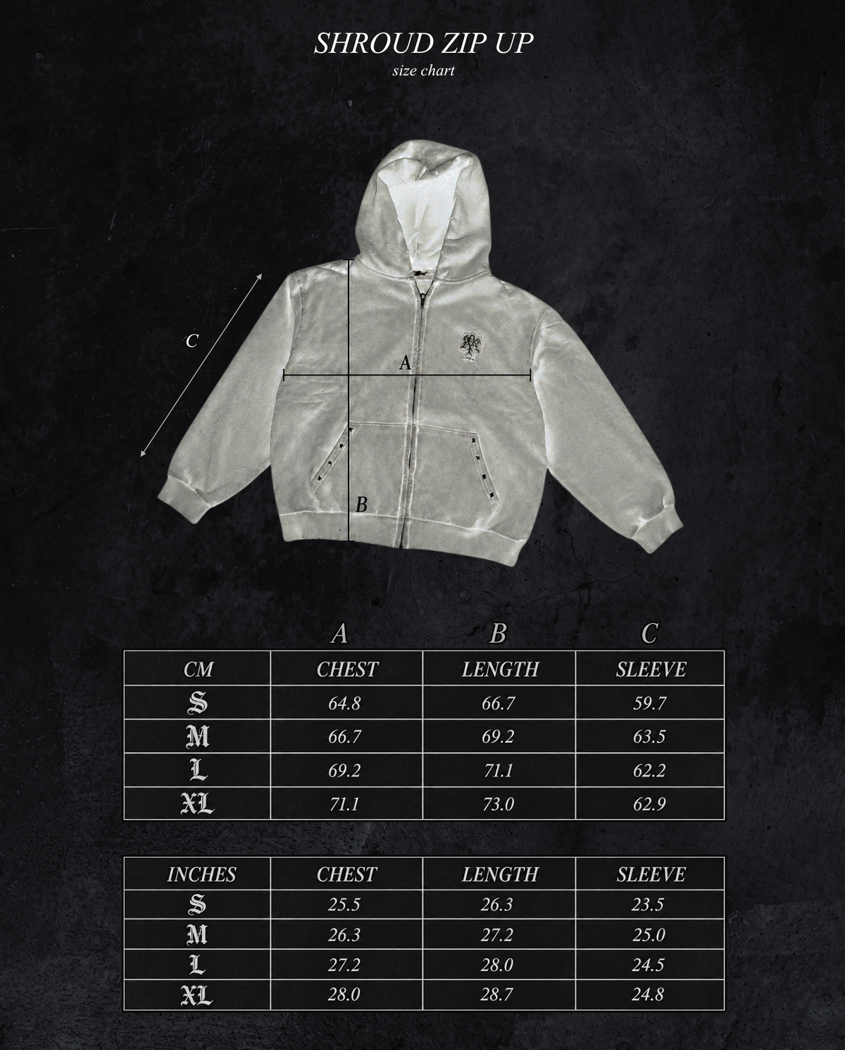 Shroud Zip Up size chart, chest, length and sleeve measurements in centimetres and inches for S through XL.